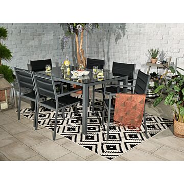 Sorrento 6 Seater Set - 150x90cm Black Glass Table, 6 X Padded Chairs Including Parasol