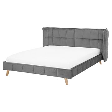Bed Frame Grey Velvet Tufted Upholstery Light Wood Legs Eu King Size 5ft3 Slatted With Adjustable Wingback Headboard Beliani