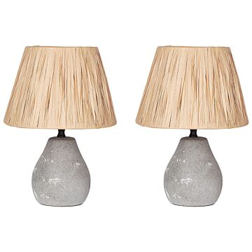 Set Of 2 Table Lamps Grey And Natural Ceramic Paper Pulp Cone Shaped Shades Distressed Effect Minimalistic Design Beliani