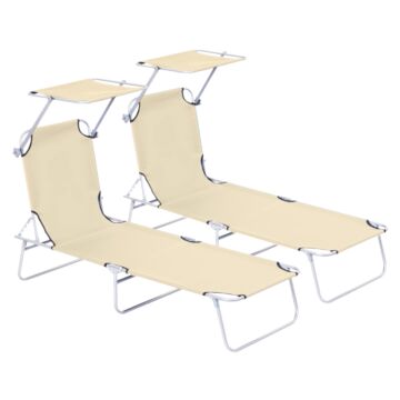 Outsunny 2 Pieces Outdoor Foldable Sun Lounger Set With Removeable Shade Canopy, Patio Recliner Sun Lounger With Adjustable Backrest With Mesh Fabric, Beige
