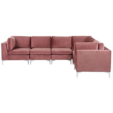 Left Hand Modular Corner Sofa Pink Velvet 6 Seater L-shaped Silver Metal Legs Glamour Style Beliani