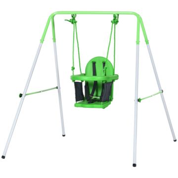 Outsunny Steel Nursery Swing With Safety Seat Belt Support Back Green