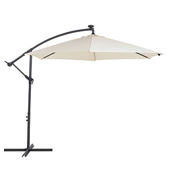 Garden Cantilever Parasol Beige Polyester Shade With Led Light Ø 285 Cm Aluminium Pole Crank Mechanism Outdoor Umbrella Beliani