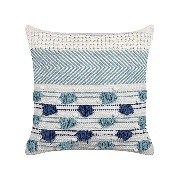 Decorative Cushion White And Blue Cotton 45 X 45 Cm With Tassels Boho Decor Accessories Beliani