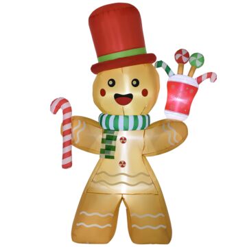 Homcom 7.5ft Christmas Inflatable Gingerbread Man With Candy Cane And Led Lights, Blow-up Outdoor Led Garden Display For Lawn, Party