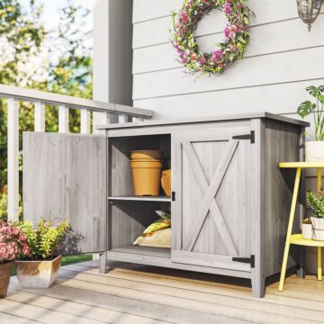 Outsunny Wooden Garden Shed, Outdoor Fir Wood Storage Shed With Shelf And Double Doors, Light Grey