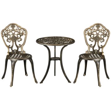 Outsunny 3 Piece Cast Aluminium Garden Bistro Set For 2 With Parasol Hole, Outdoor Coffee Table Set, Two Armless Chairs And Round Coffee Table