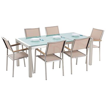 Garden Dining Set Beige With Cracked Glass Table Top 6 Seats 180 X 90 Cm Triple Plate Beliani