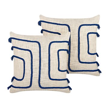 Set Of 2 Decorative Cushions Beige And Navy Blue 45 X 45 Cm Absract Pattern Square Home Accessory Beliani