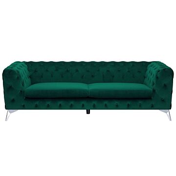 3 Seater Sofa Green Velvet Chesterfield Style Low Back Beliani
