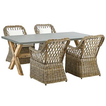 Garden Dining Set Natural Concrete Table 4 Rattan Wicker Chairs With Cotton Cushions Beliani