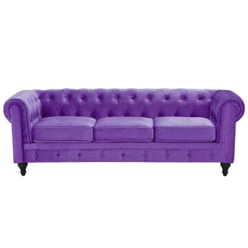 Chesterfield Sofa Purple Velvet Fabric Upholstery Dark Wood Legs 3 Seater Contemporary Beliani