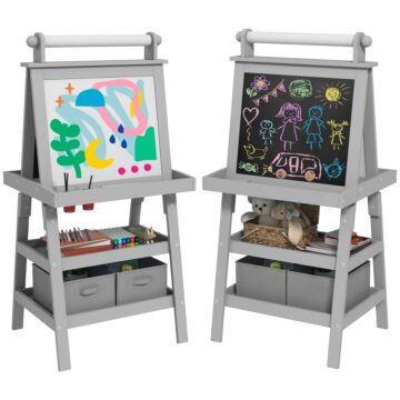 Aiyaplay 3 In 1 Kids Easel Double-sided Magnetic Whiteboard And Chalkboard With Paper Roll, Storage Baskets - Grey