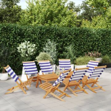 Vidaxl Folding Garden Chairs 8 Pcs Blue And White Fabric And Solid Wood
