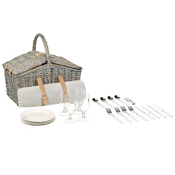 4 Person Picnic Hamper Natural And Grey Wicker With Cutlery Set Plates Wine Glasses And Cool Bag With Corkscrew Blanket Included Wsahed Finish Beliani