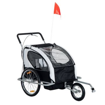 Homcom Collapsible Bike Trailer 2-seater For Baby Bicycle With Pivot Wheel Suitable For 18 Month + Child(black And White)