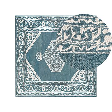 Area Rug White Blue Wool 200 X 200 Cm Flat Weave Hand Tufted Oriental Pattern Beliani