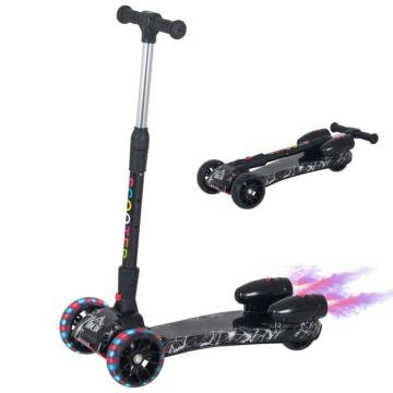 Homcom Kids 3 Wheel Scooter Adjustable Height W/ Flashing Wheels Music Water Spray Foldable Design Cool On Off Road Vehicle Black