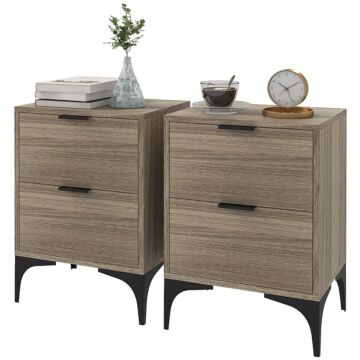 Homcom Bedside Tables Set Of 2, Modern Nightstand With 2 Drawers, Small Sofa End Tables With Storage And Steel Legs For Bedroom, Living Room, Grey