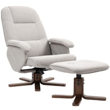 Homcom Linen Swivel Recliner Chair With Footstool, Upholstered Reclining Armchair With Wooden Base For Living Room, Light Grey