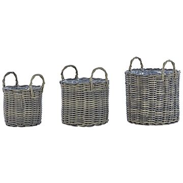 Set Of 3 Plant Baskets Taupe Pe Rattan Planter Pots With Lining Indoor Outdoor Use Beliani