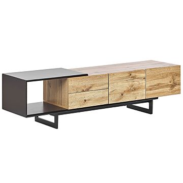 Tv Stand Light Wood And Black Mdf 160 Cm Up To 70ʺ Drawers Shelves Modern Design Beliani