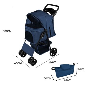 Pet Stroller With Rain Cover & Caddy Bag - Navy Blue