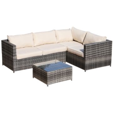 Outsunny 4-seater Rattan Garden Furniture Outdoor Patio Corner Sofa Chair Set With Coffee Table Thick Cushions, Beige