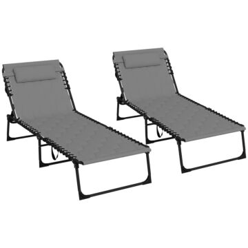 Outsunny Foldable Sun Lounger Set With 5-level Reclining Back, Outdoor Tanning Chairs With Build-in Padded Seat, Outdoor Sun Loungers With Side Pocket, Headrest For Beach, Yard, Patio, Grey