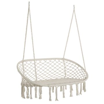 Outsunny Hanging Hammock Chair Cotton Rope Porch Swing With Metal Frame, Large Macrame Seat For Patio, Garden, Bedroom, Living Room, Cream White