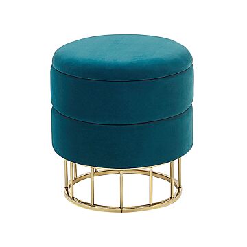Storage Pouffe Teal Blue Polyester Velvet Upholstery Gold Base Glamorous Design Living Room Accessories Beliani