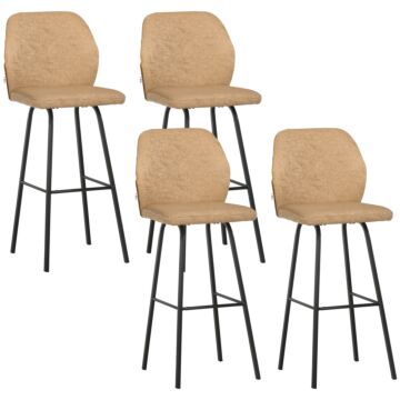 Homcom Bar Stools Set Of 4, Linen-touch Upholstered Bar Chairs, Kitchen Stools With Backs And Steel Legs For Dining Room, Light Brown