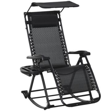 Outsunny Garden Rocking Chair Folding Recliner Outdoor Adjustable Sun Lounger Rocker Zero-gravity Seat With Headrest Side Holder Patio Deck - Black