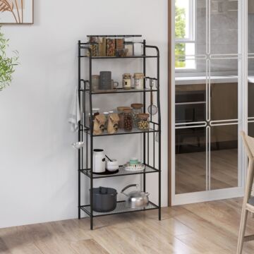 Homcom 5-tier Kitchen Storage Unit, Microwave Stand With 5 Mesh Open Shelves And 4 Hooks, Modern Coffee Bar Station With Steel Frame, Black