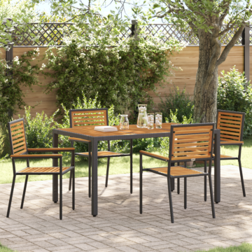 Vidaxl 5 Piece Garden Dining Set Black Poly Rattan Acacia, Vidaxl Stacking Garden Chairs With Cushions 2 Pcs Black Poly Rattan