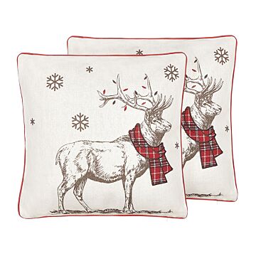 Set Of 2 Scatter Cushions Red Polyester Fabric 45 X 45 Cm Reindeer Print Off-white Background With Filing Beliani