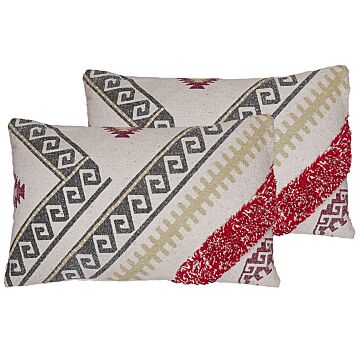 Set Of 2 Scatter Cushions Multicolour Cotton 30 X 50 Cm Geometric Pattern Handwoven Removable Covers With Filling Boho Style Beliani