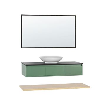 4 Piece Bathroom Furniture Set Green And Light Wood Mdf With Ceramic Basin Wall Mount Vanity Cabinet With Mirror Beliani