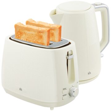 Homcom Kettle And Toaster Set, 1.7l 3000w Fast Boil Kettle & 2 Slice Toaster Kitchen Set With 7 Level Browning Controls, Defrost, Reheat, Boil-dry Protection, Cream White