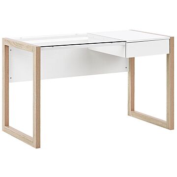 Home Desk White Wooden Drawer Storage Light Wood Glass Table Top 120 X 60 Cm Minimalist Design Beliani