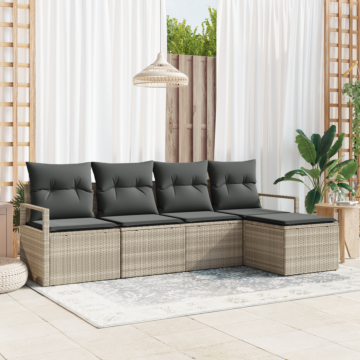 Vidaxl 5 Piece Garden Sofa Set With Cushions Light Grey Poly Rattan, Vidaxl 2-seater Garden Sofa With Storage & Cushions Grey Poly Rattan