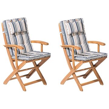 Set Of 2 Garden Dining Chairs Light Wood With Beige Cushion Acacia Wood Frame Folding Rustic Design Beliani