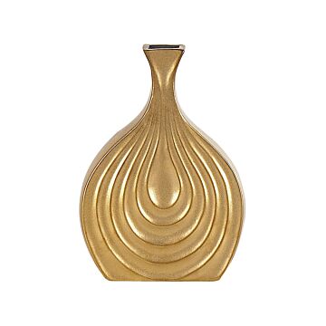 Decorative Table Vase Gold Stoneware 25 Cm Carved Surface Irregular Shape Beliani