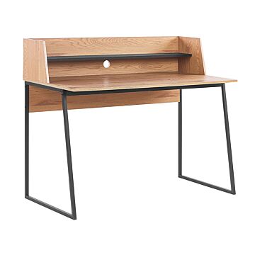 Home Office Desk Light Wood With Black Engineered Wood Top 120 X 59 Cm With Shelf Steel Frame Beliani