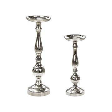 Set Of 2 Candle Holders Silver Metal Glossy Metallic Glamour For Pillar Candles Beliani
