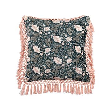 Decorative Cushion Blue Pink Cotton 45 X 45 Cm Velvet Flower Motif Fringed Modern Glamour Decor Beliani