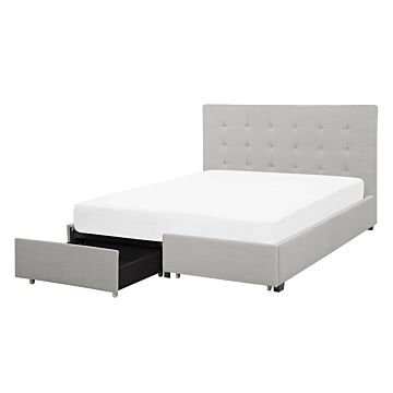 Eu Double Size Bed Light Grey Fabric 4ft6 Upholstered Frame Buttoned Headrest With Storage Drawers Beliani