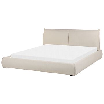 Eu King Size Bed Beige Polyester Fabric Upholstery 6ft Slatted Base With Thick Padded Headboard Footboard