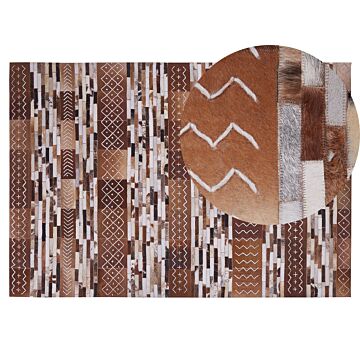 Cowhide Area Rug Brown Hair On Leather Patchwork Striped Scandinavian Patterns 140 X 200 Cm Beliani