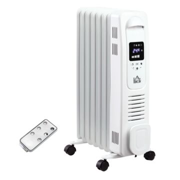 Homcom 1630w Digital Oil Filled Radiator, 7 Fin, Portable Electric Heater With Led Display, 3 Heat Settings, Safety Cut-off And Remote Control, White